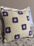 Purple and white granny square cushion cover